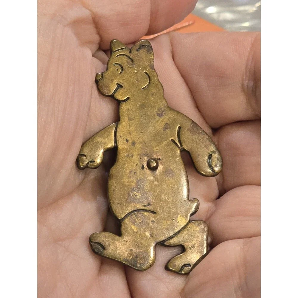 Vintage Teddy Bear Brooch Brass Tone Smiling Bear Animal Pin #1365
